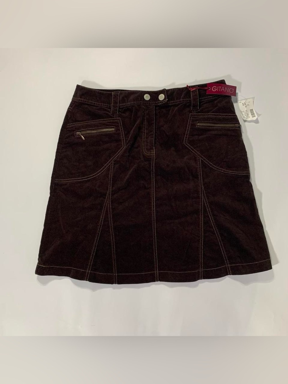 Gitano Velvet A Line Skirt Size 12 Brown Low Rise Contrast Stitch Vintage NWT